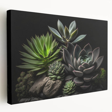 Vibrant botanical wall art design featuring colorful succulents on stretched canvas, showcasing intricate details and textures. Ideal for home decor enthusiasts.