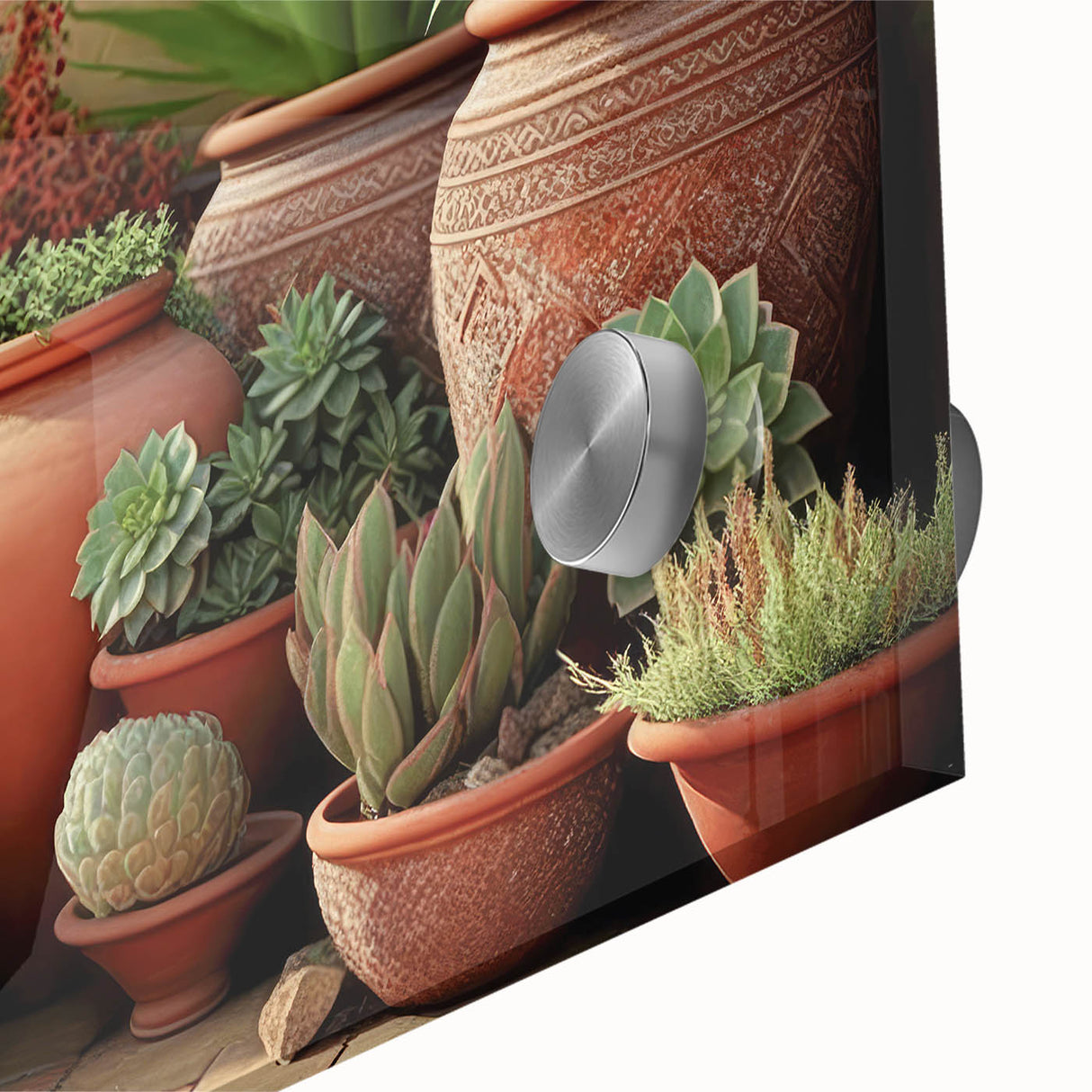 Close-up view of a vibrant botanical wall art design featuring succulents and flowers, printed on acrylic glass with rich colors, ideal for home decor.