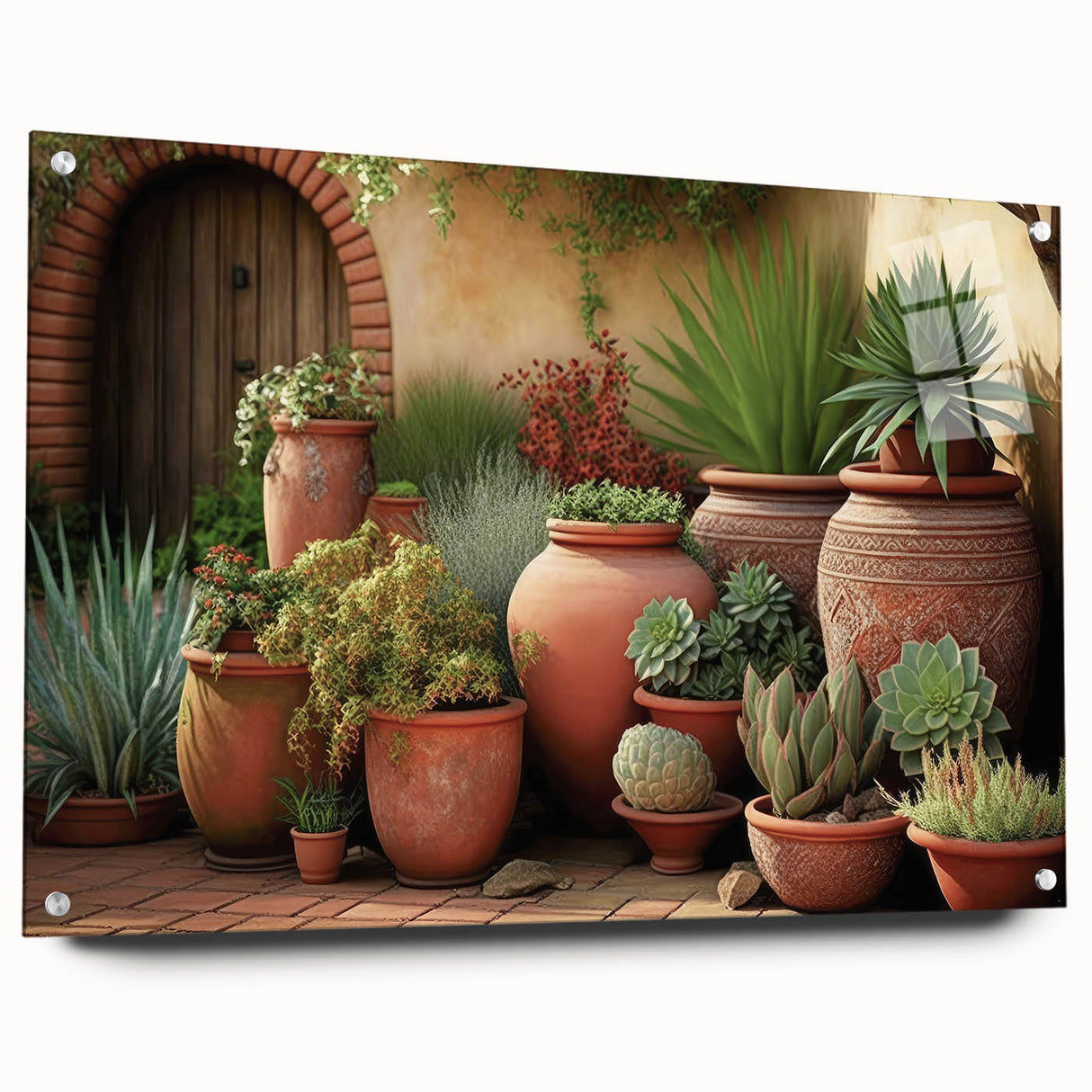 Succulent-themed botanical wall art design displayed in a sleek acrylic glass frame, showcasing vibrant colors and intricate details, perfect for home decor.
