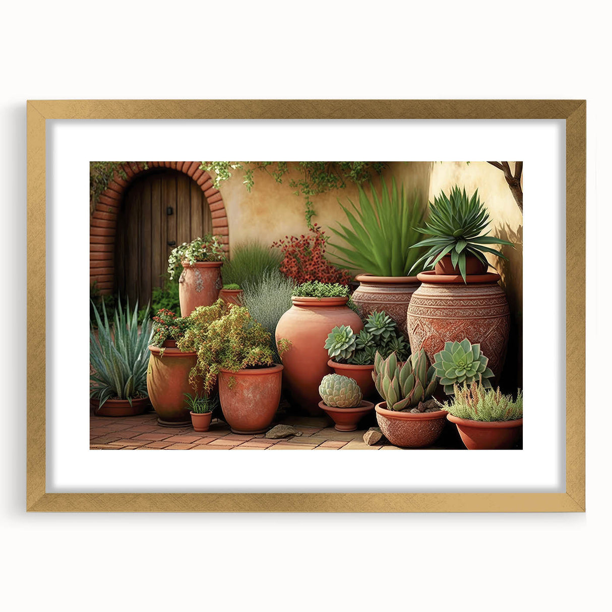 Botanical wall art featuring a delicate arrangement of succulents in a gold frame with matting, ideal for enhancing modern home decor with a touch of nature.