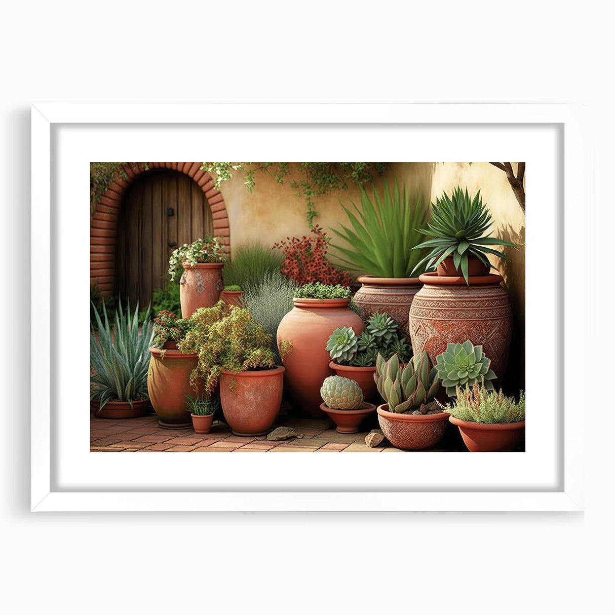 Botanical wall art featuring an elegant design of succulents in a white frame with matting, ideal for home decor, showcasing vibrant green tones and intricate details.