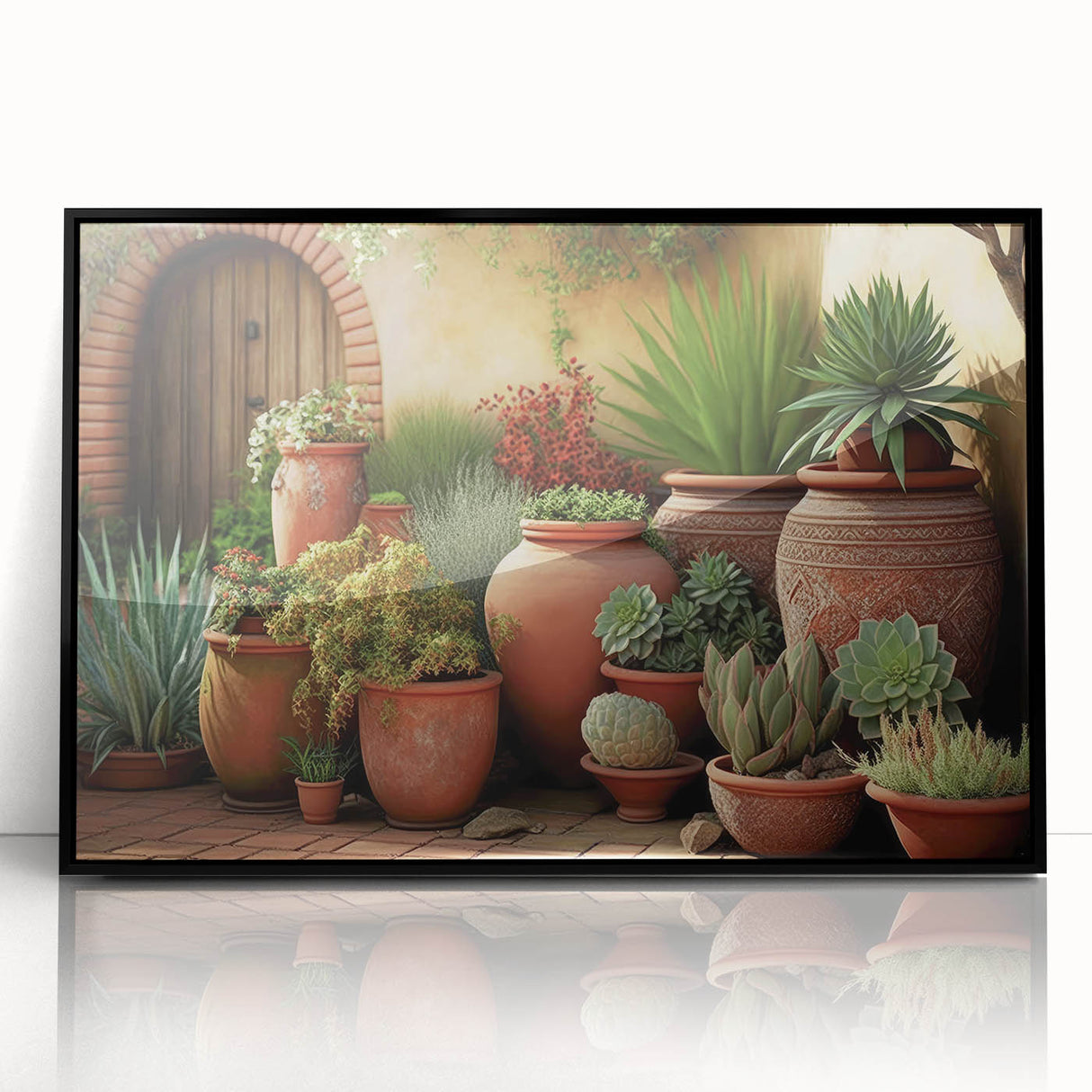 Framed wall art featuring a botanical design of vibrant succulents in an acrylic finish, set against a sleek black frame, perfect for modern decor.