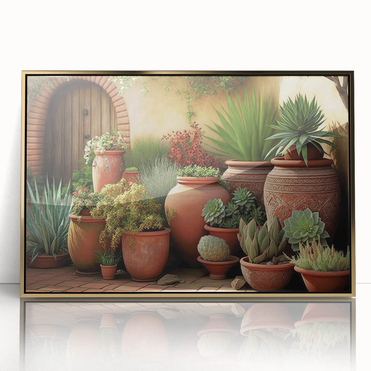 Framed botanical wall art design showcasing vibrant succulents in gold-accented acrylic frame, perfect for home decor enthusiasts seeking nature-inspired elegance.