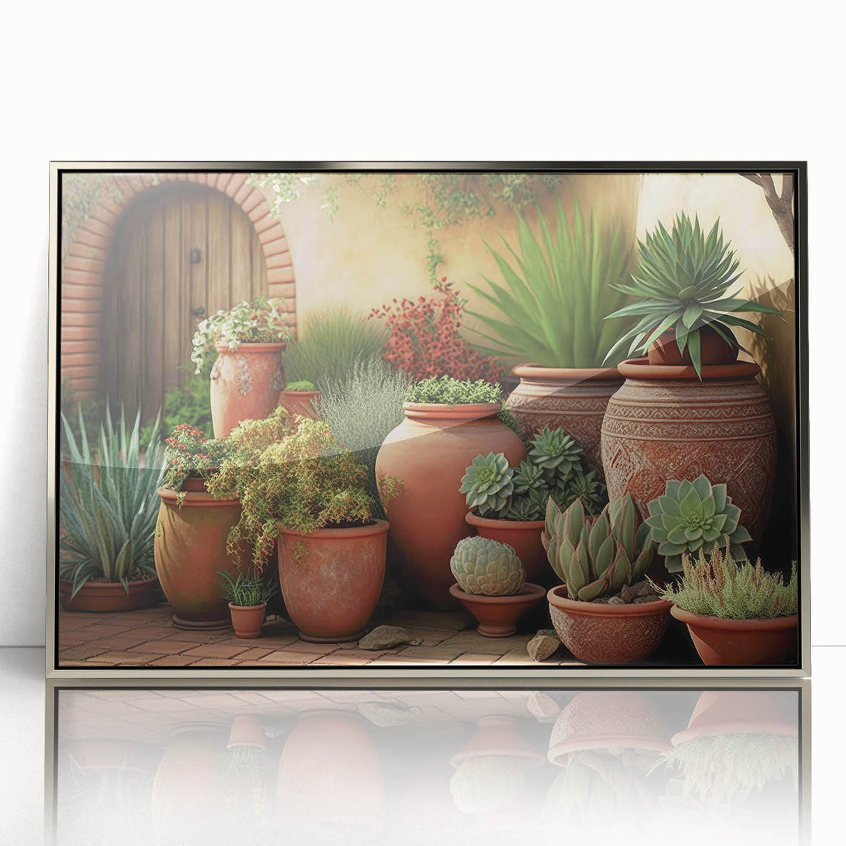 Framed wall art featuring an elegant botanical design of succulents, displayed in a sleek silver frame, perfect for modern home decor and plant lovers.