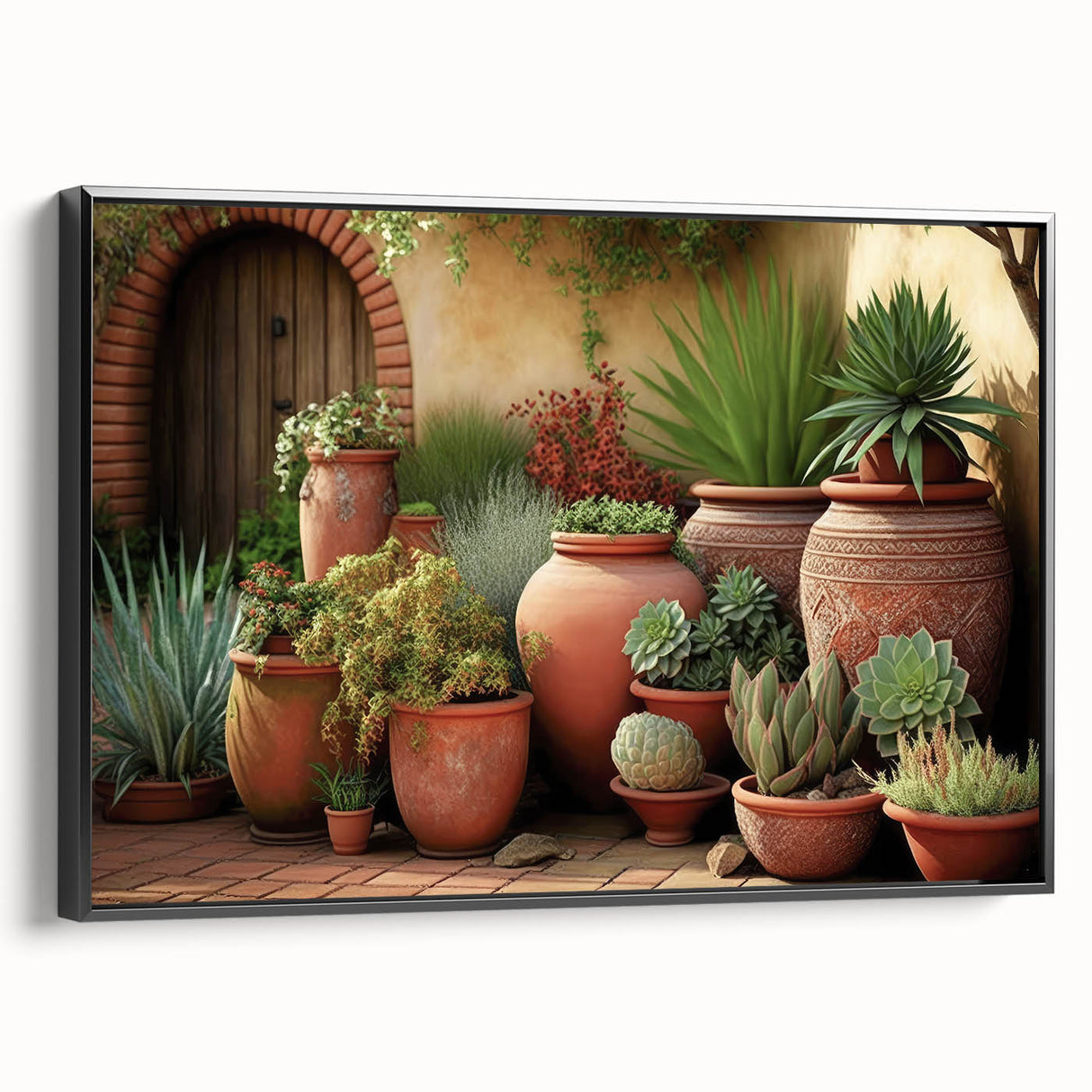 Framed botanical wall art featuring a collection of colorful succulents, displayed in a stylish black frame, perfect for modern home decor.