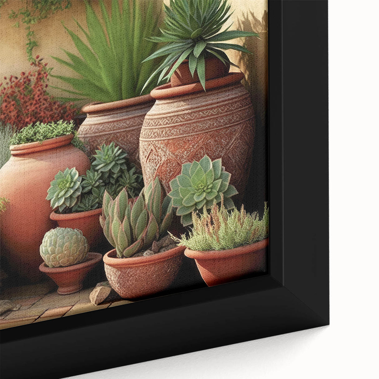 Close-up of a beautifully framed canvas wall art featuring a vibrant botanical design of colorful succulents, showcasing intricate details and textures perfect for home decor.