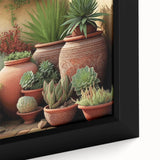 Close-up of a beautifully framed canvas wall art featuring a vibrant botanical design of colorful succulents, showcasing intricate details and textures perfect for home decor.