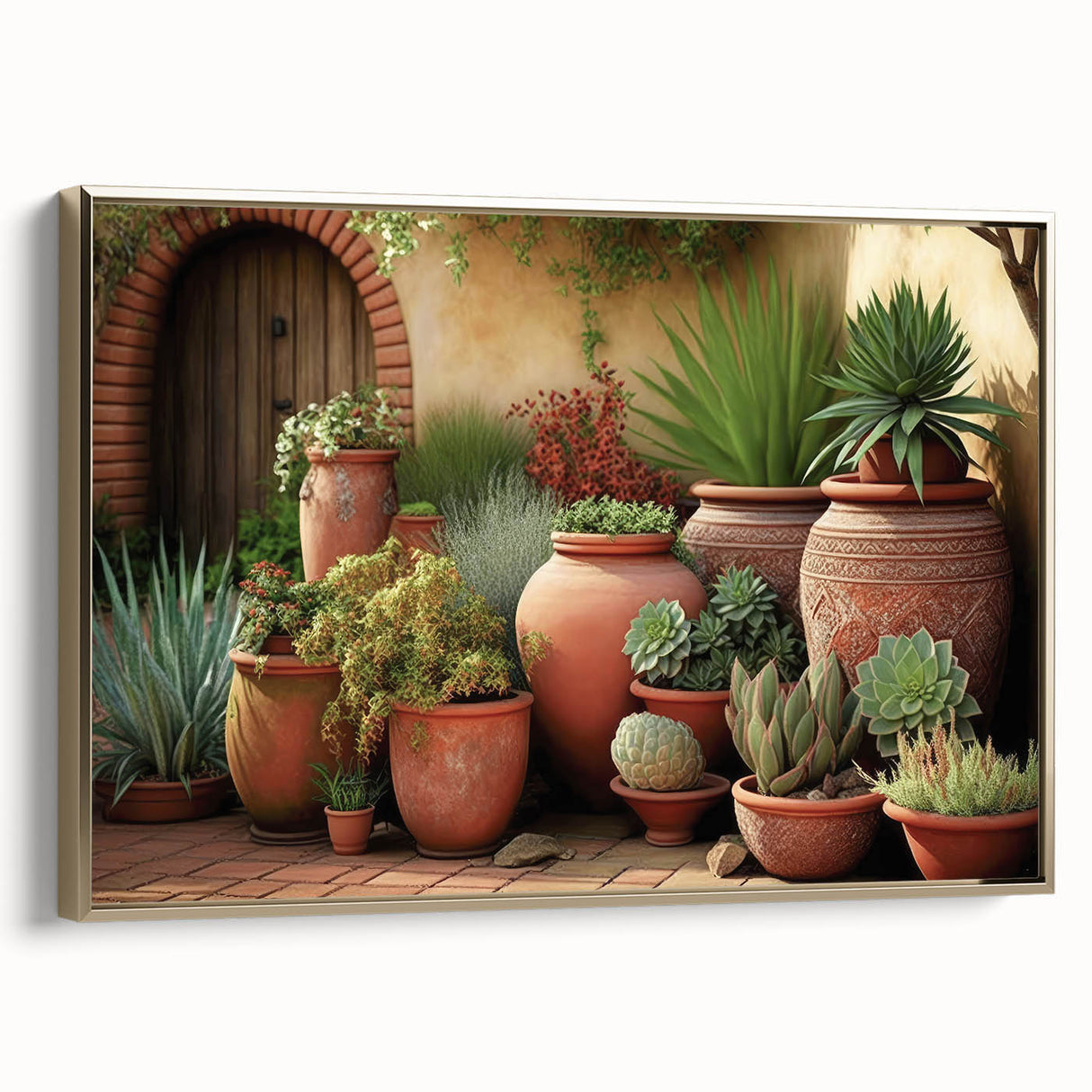Framed canvas wall art showcasing a vibrant botanical design of succulents, accented with a gold frame, ideal for modern home decor. Perfect for adding a touch of nature-inspired elegance to any room.