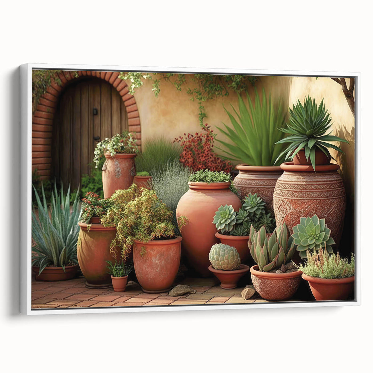 Framed canvas wall art showcasing a vibrant botanical design of succulents, featuring lush green plants against a crisp white background, ideal for modern decor.