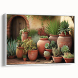 Framed canvas wall art showcasing a vibrant botanical design of succulents, featuring lush green plants against a crisp white background, ideal for modern decor.