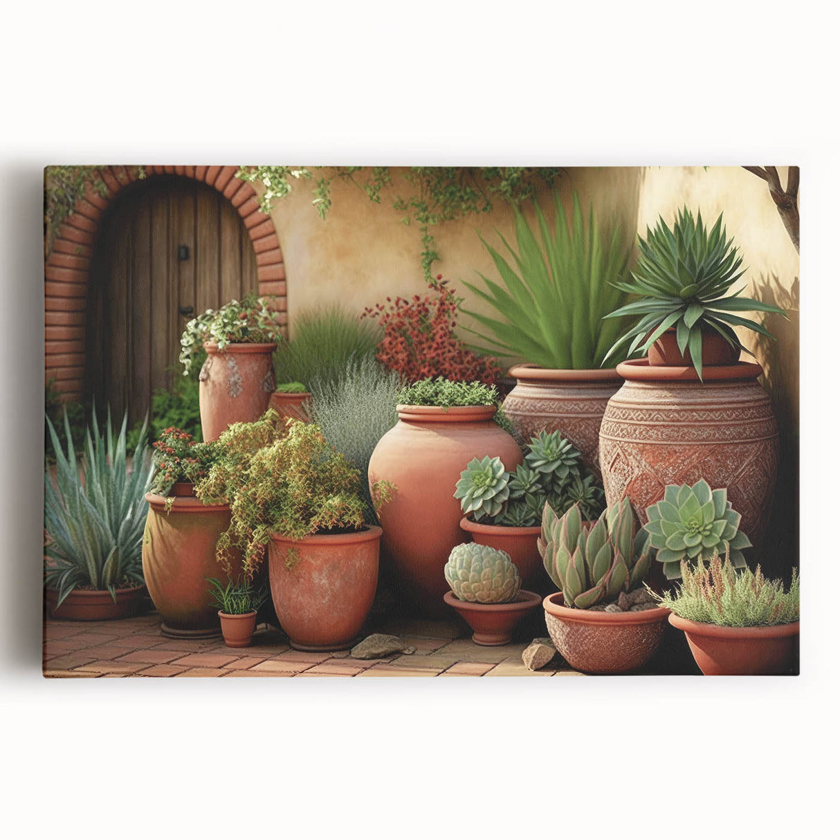 Vibrant botanical wall art featuring a collection of succulent plants, beautifully printed on stretched canvas, showcasing detailed textures and vivid colors, perfect for home decor.