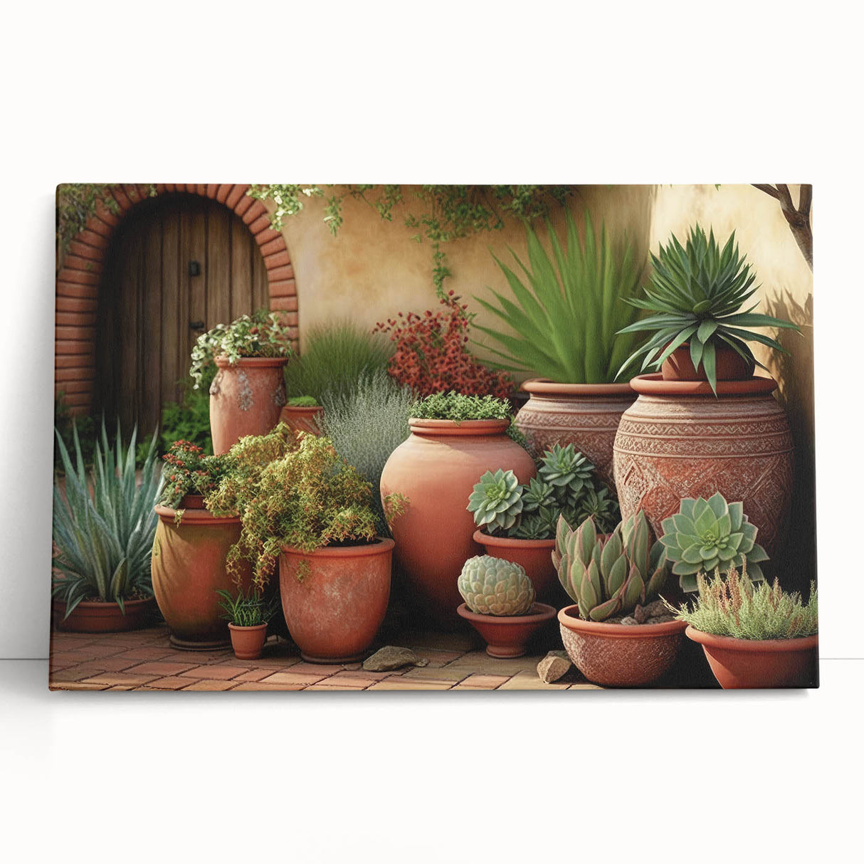 Stretched canvas wall art showcasing a vibrant botanical design with assorted succulents against a soft background, perfect for modern home decor enthusiasts. The artwork adds a refreshing touch to any living space, highlighting the beauty of nature.