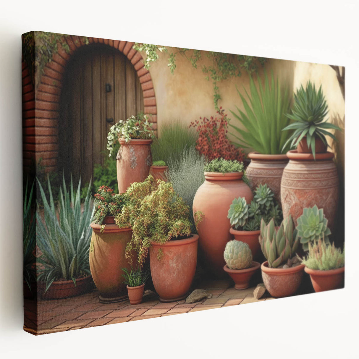 Stretched canvas wall art showcasing a vibrant botanical succulent design with intricate details, perfect for home decor. Side view highlights the depth and texture of the artwork.