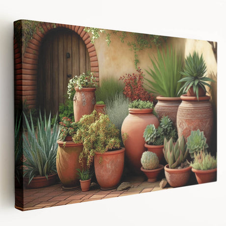 Stretched canvas wall art showcasing a vibrant botanical succulent design with intricate details, perfect for home decor. Side view highlights the depth and texture of the artwork.