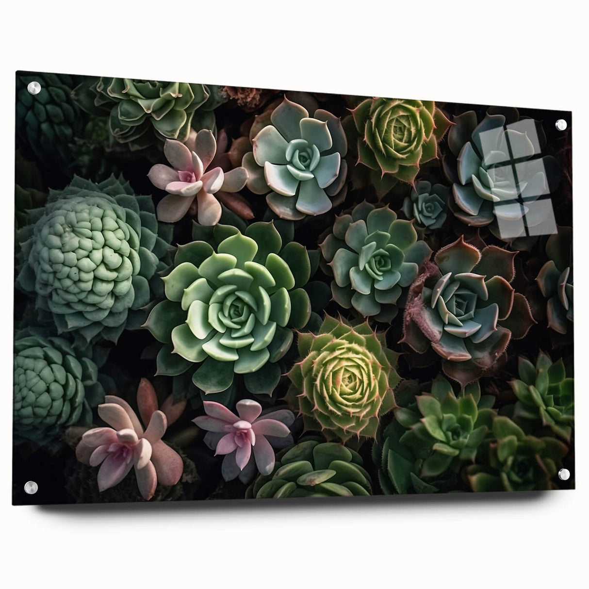 Succulent botanical wall art collection showcased in a side view, featuring vibrant greens and earthy tones, framed in acrylic glass with pins for easy display. Perfect for adding a touch of nature to any interior decor.