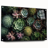 Succulent botanical wall art collection showcased in a side view, featuring vibrant greens and earthy tones, framed in acrylic glass with pins for easy display. Perfect for adding a touch of nature to any interior decor.