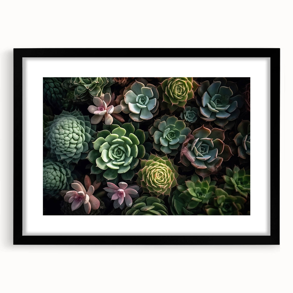 Botanical wall art collection featuring a framed design of colorful succulents, presented in a sleek black frame with a mat, ideal for home decor.