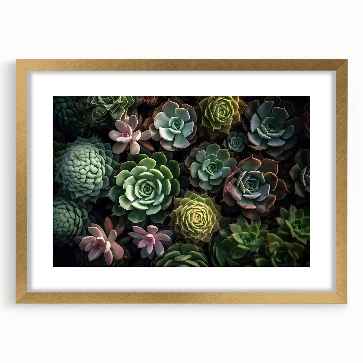 Botanical art print featuring a collection of succulent illustrations, framed in elegant gold with a white mat, perfect for enhancing home decor aesthetics.