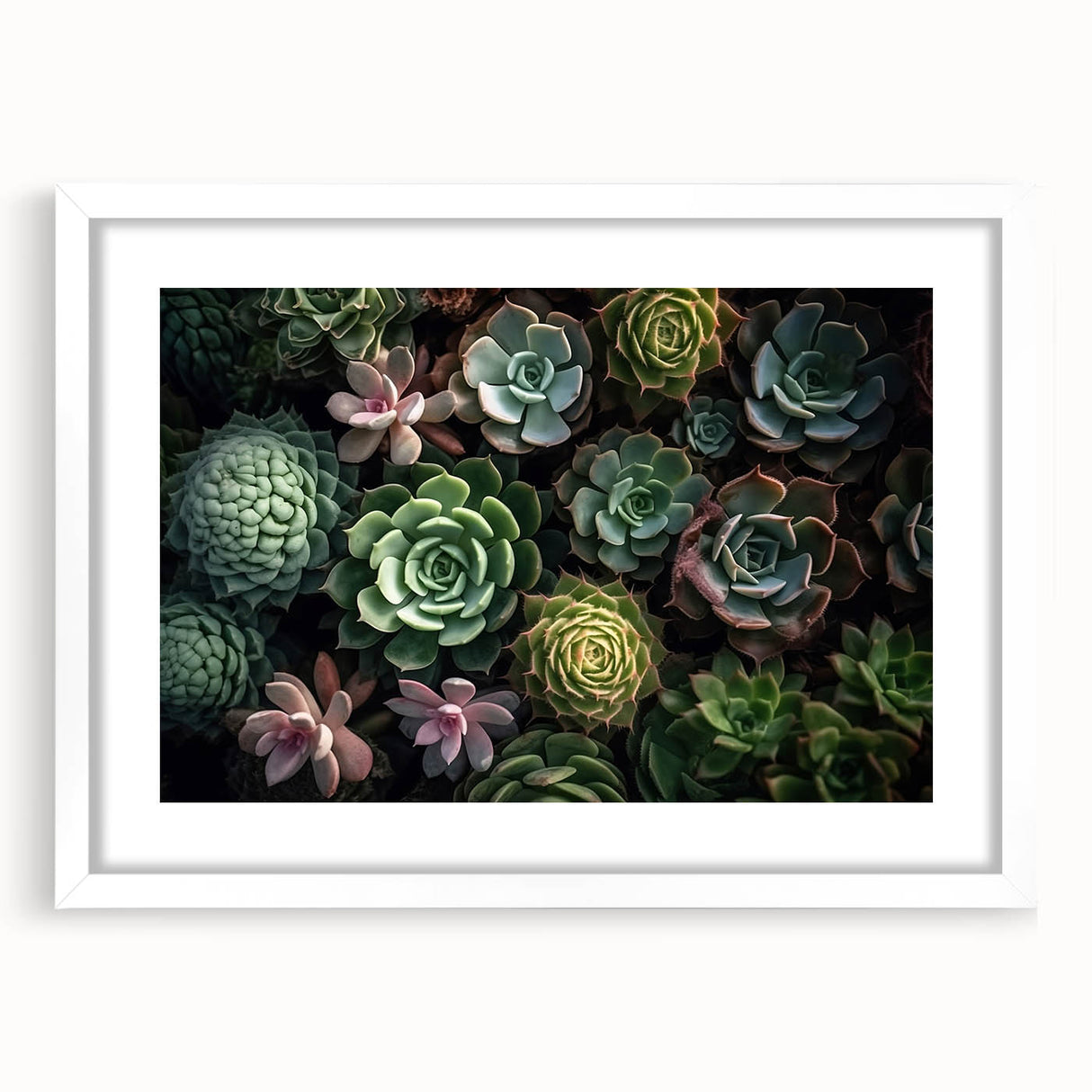 Botanical wall art collection featuring a variety of vibrant succulents in a stylish frame with a white mat, perfect for enhancing contemporary home decor.