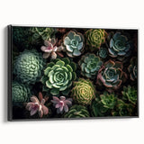 Framed wall art showcasing a botanical design of vibrant succulents on a black background, perfect for home decor and plant enthusiasts.