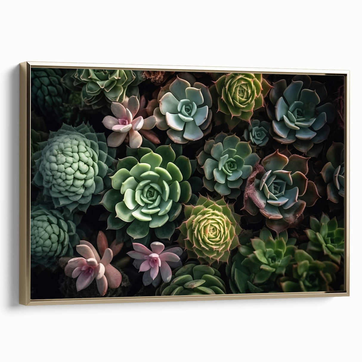 Framed wall art featuring a botanical design of vibrant succulents in gold tones, showcasing a side view of the canvas, perfect for home decor enhancement.