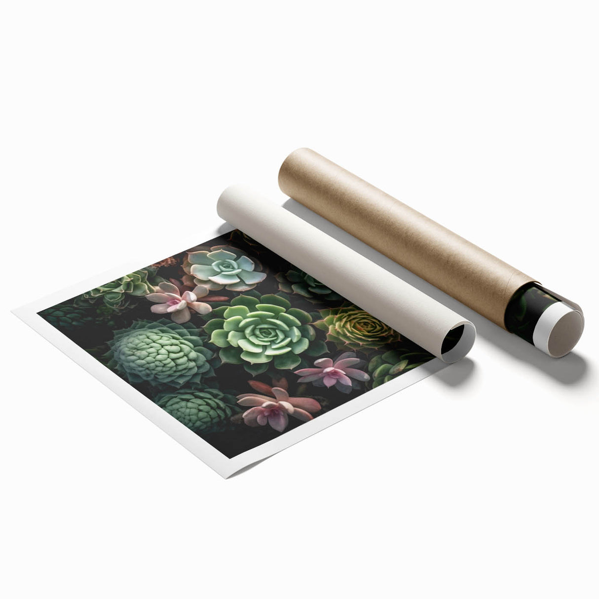 Vibrant botanical wall art print showcasing an array of colorful succulents in a modern design, rolled and ready for framing, perfect for home decor enthusiasts.