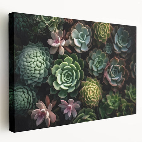 Stretched canvas showcasing a vibrant botanical design of assorted succulents, featuring lush greens and textured details, ideal for home decor enhancement.