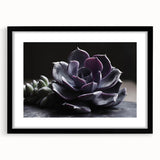 Framed botanical wall art featuring a vibrant succulent design, set in a sleek black frame with a mat, perfect for home decor and enhancing indoor aesthetics.