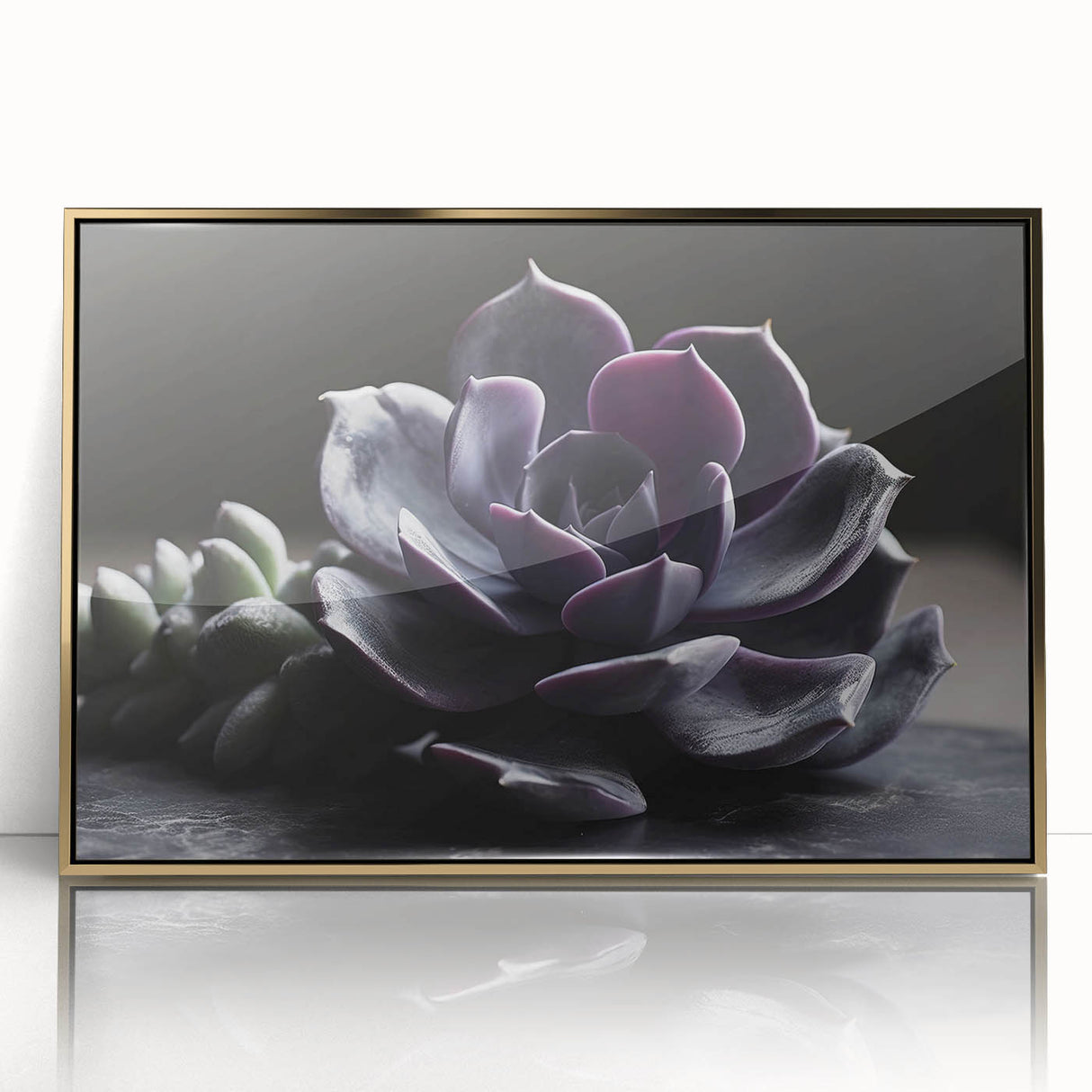 Framed wall art featuring a vibrant botanical design of succulents in shades of green and gold, ideal for modern home decor. This acrylic piece adds a touch of elegance to any room.