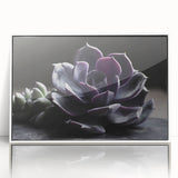 Framed wall art featuring a vibrant floral and botanical succulent design, showcasing various green succulents and colorful flowers against a white background, enhancing any decor.