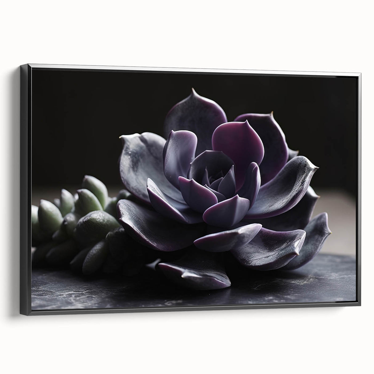 Framed wall art showcasing a botanical design with succulents in vibrant greens and earthy tones, presented from the side view against a black frame, ideal for home decor.