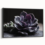 Framed wall art showcasing a botanical design with succulents in vibrant greens and earthy tones, presented from the side view against a black frame, ideal for home decor.
