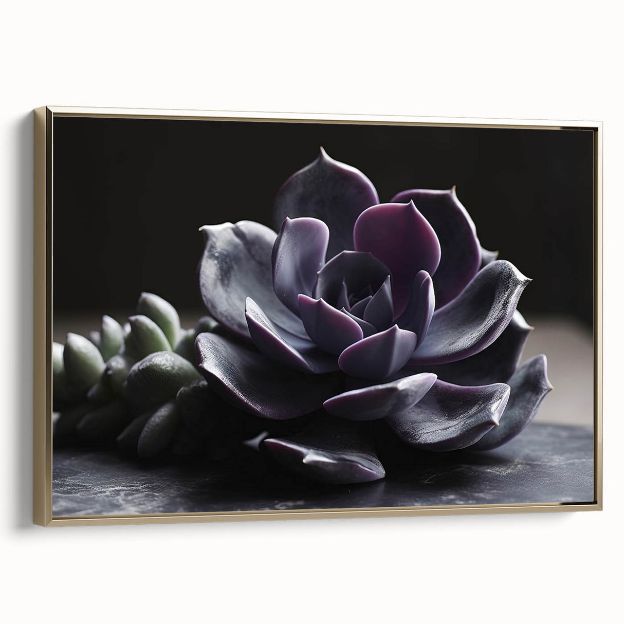 Framed wall art showcasing a vibrant botanical design with succulents in various colors, set against a gold background, ideal for home decor or office aesthetics.