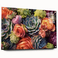Acrylic glass wall art display showcasing a collection of botanical succulents in vibrant colors, elegantly mounted with pin accents, perfect for home decor.