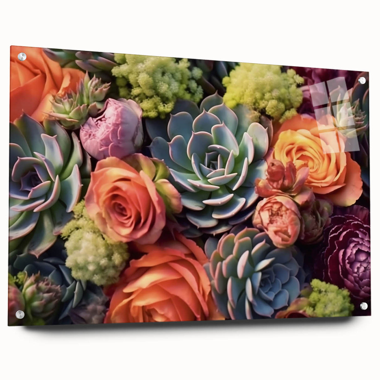 Acrylic glass wall art display showcasing a collection of botanical succulents in vibrant colors, elegantly mounted with pin accents, perfect for home decor.