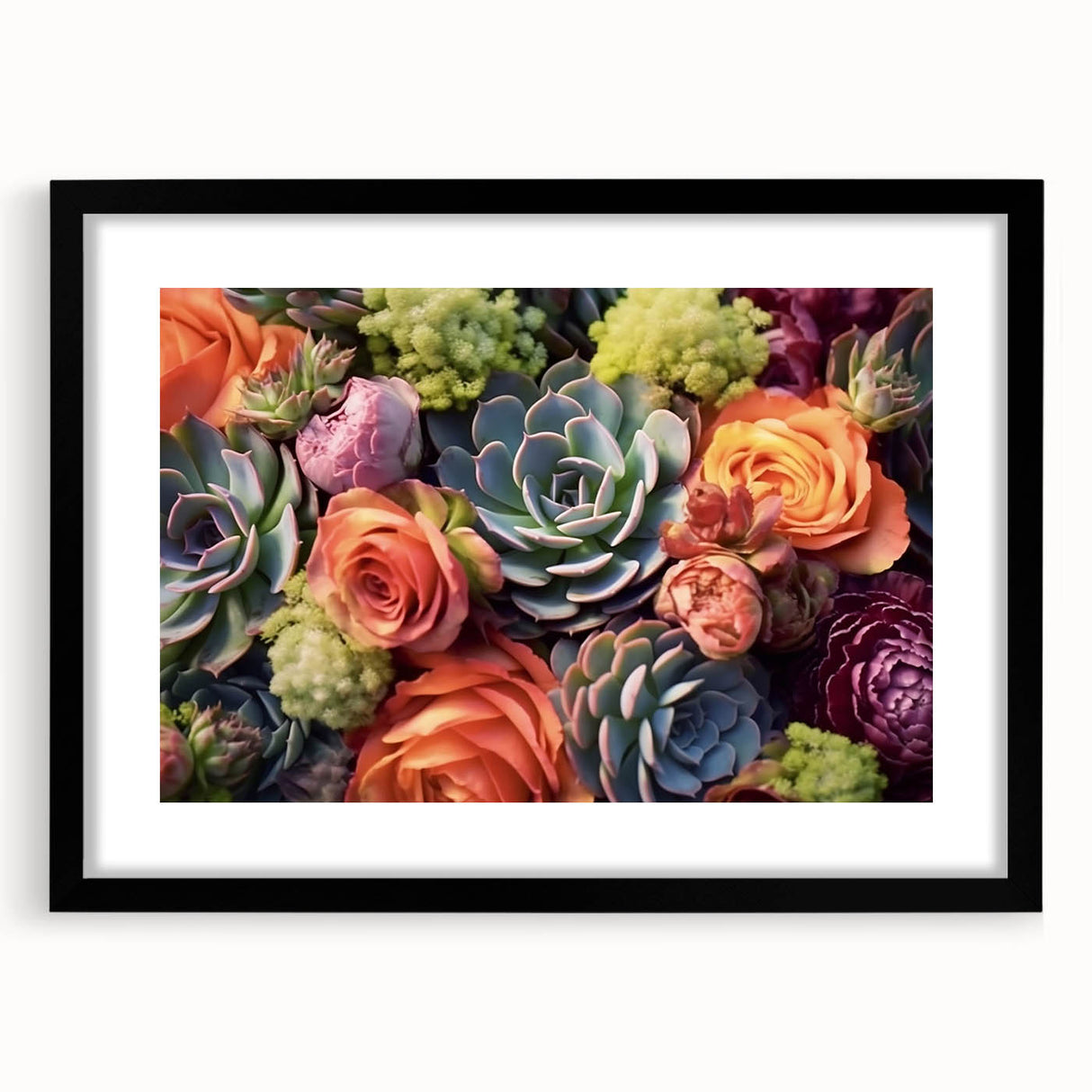 Framed botanical wall art showcasing an elegant arrangement of colorful succulents in a black frame with matting, perfect for home decor enhancement.