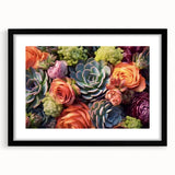Framed botanical wall art showcasing an elegant arrangement of colorful succulents in a black frame with matting, perfect for home decor enhancement.