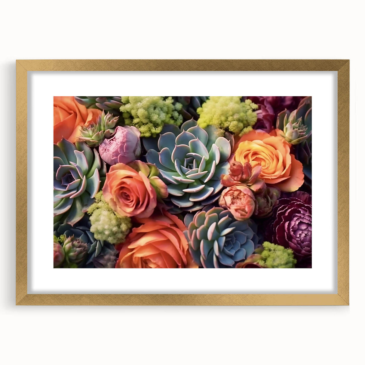 Botanical wall art featuring a collection of floral and succulent designs in a gold frame with a mat, ideal for enhancing home decor with nature-inspired elements.