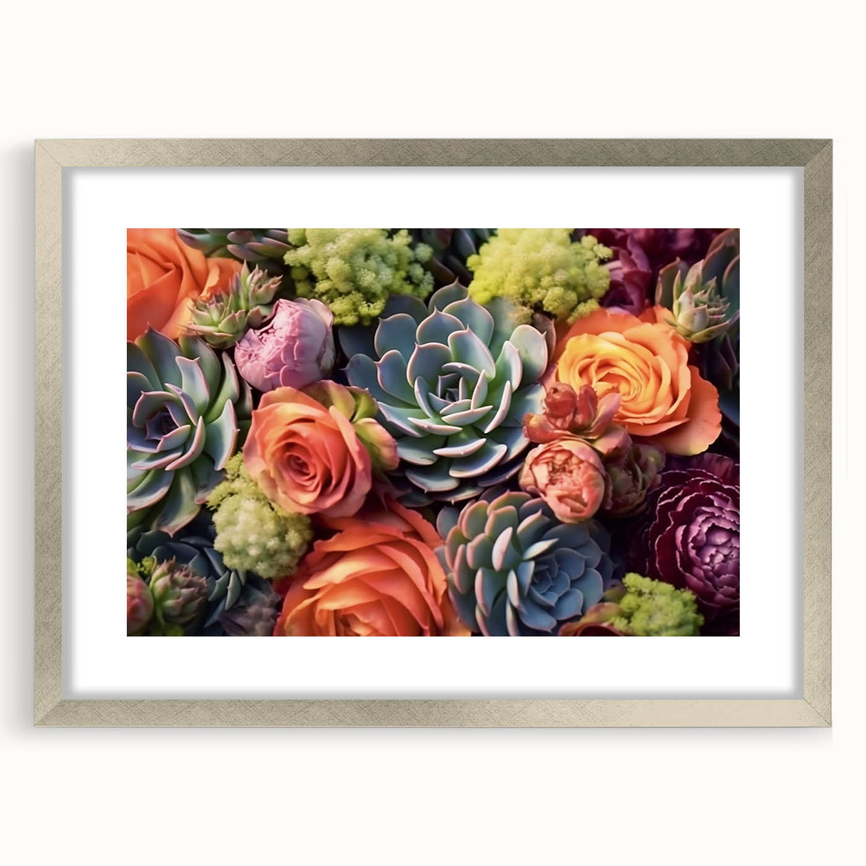 Botanical wall art collection featuring a silver-framed design of colorful succulents, elegantly matted for a refined look, perfect for home decor enhancement.