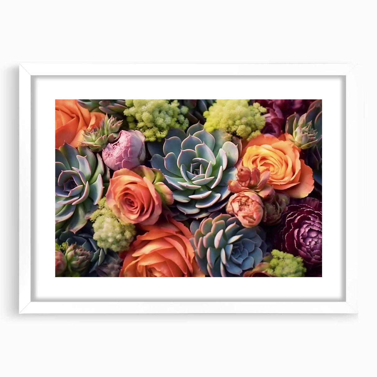 Botanical wall art featuring a collection of colorful succulent designs in a white frame with matting, perfect for enhancing modern home decor and adding a touch of nature.