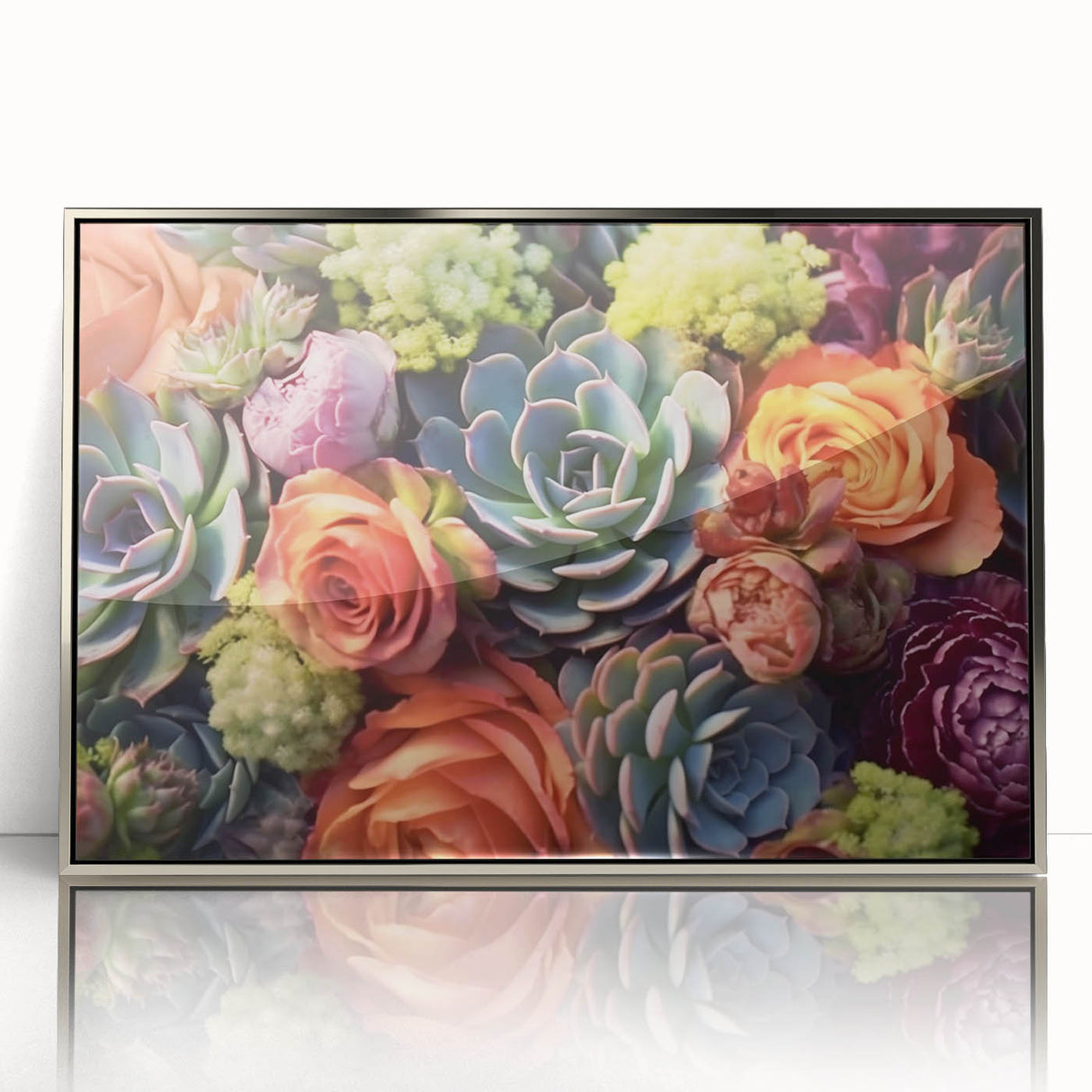 Framed acrylic wall art featuring a vibrant botanical design of succulent flowers, showcased in a sleek silver frame, ideal for modern home decor.