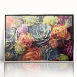 Framed acrylic wall art featuring a vibrant botanical design of succulent flowers, showcased in a sleek silver frame, ideal for modern home decor.