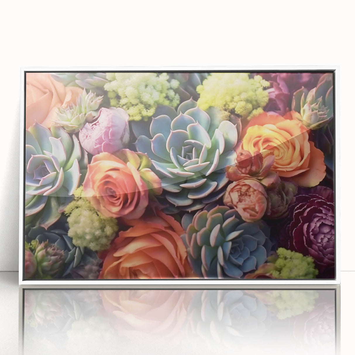 Framed botanical wall art showcasing an elegant design of various succulents in vibrant colors, displayed against a sleek white background, perfect for home decor.