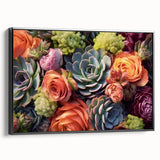 Framed canvas wall art showcasing a botanical design of succulents in vibrant greens and earthy tones, set against a black background for modern décor appeal.