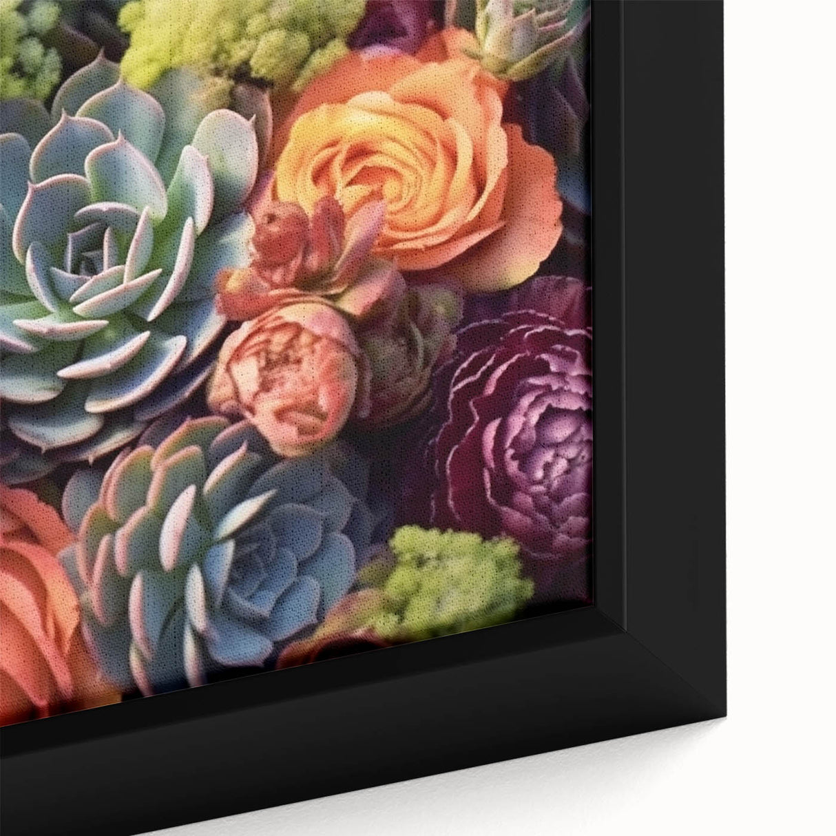 Framed wall art featuring a vibrant close-up design of botanical succulents, showcasing intricate details and vivid colors, perfect for home decor.