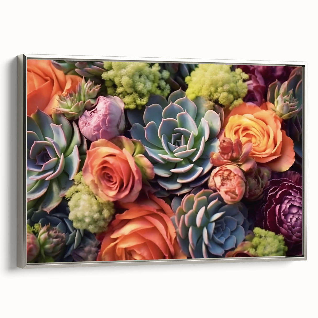 Framed botanical wall art featuring a vibrant collection of succulents, set against a silver frame, showcasing intricate details and lush colors ideal for home decor.