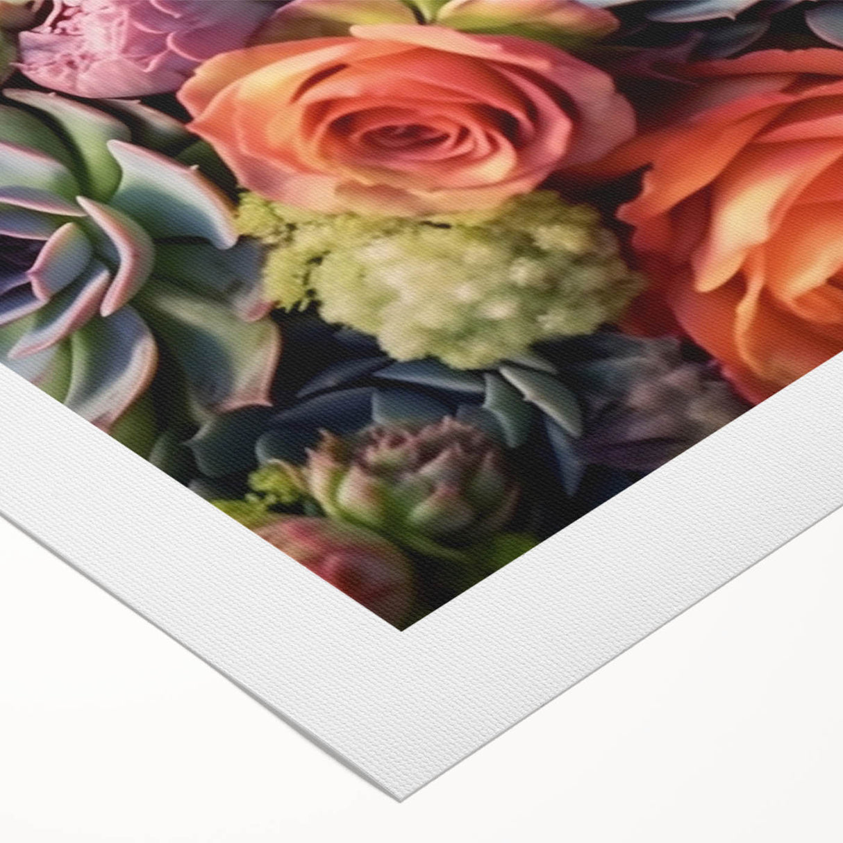 Botanical wall art featuring an elegant design of colorful succulents on rolled canvas, perfect for home decor. The artwork showcases vibrant greens and earthy tones, enhancing any space with a touch of nature.