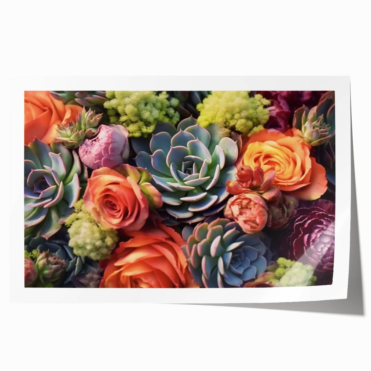 Vibrant botanical wall art print featuring an array of colorful succulents, designed to enhance home decor, rolled for easy framing and display.