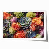 Vibrant botanical wall art print featuring an array of colorful succulents, designed to enhance home decor, rolled for easy framing and display.