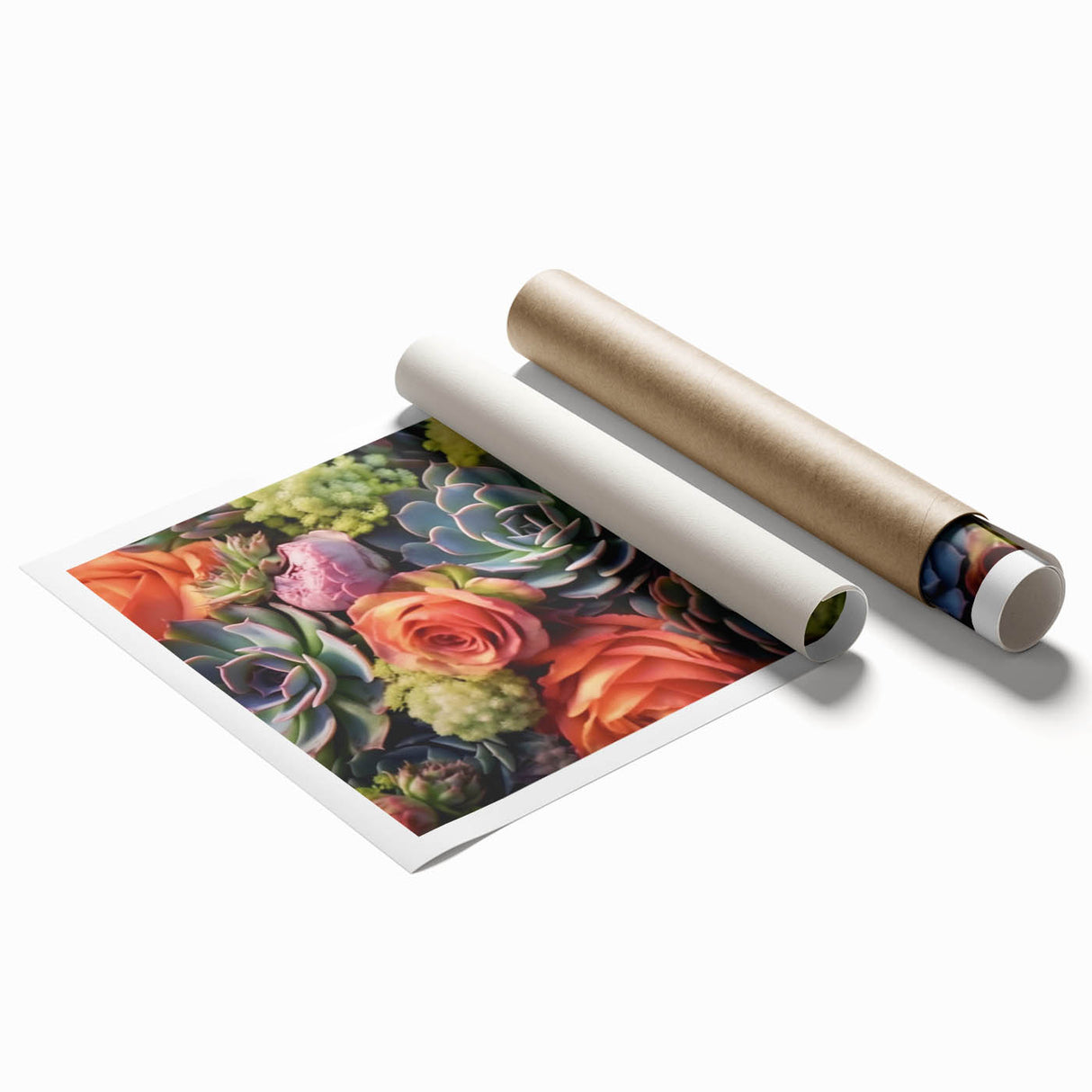 Vibrant botanical wall art print featuring an array of colorful succulents, elegantly designed for home decor, showcasing intricate details on a rolled canvas.